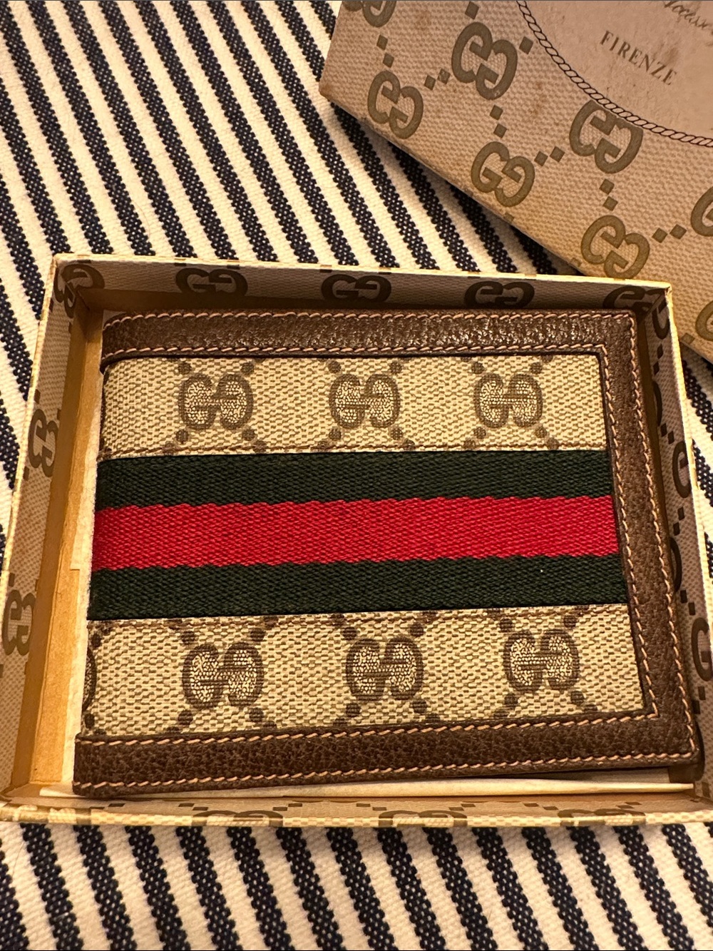 Gucci Beige GG Canvas Card Holder with Brown Trim and Red & Green Web